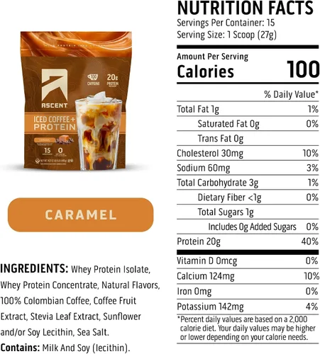 Vista 3 de Ascent Proteína en polvo de café con caramelo helado - Proteína de alto contenido, 20 g de proteína y 100 mg de cafeína de café colombiano premium