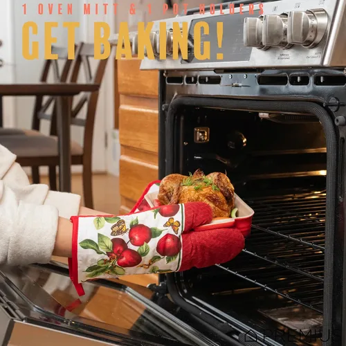 Vista 5 de Juego de 3 piezas de ropa de cocina con estampado de Apple Orchard, 1 toalla de algodón, 1 agarradera, 1 guante de horno con lazo para colgar