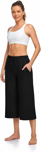 Vista 4 de UEU Pantalones capri de yoga para mujer, de verano, pierna ancha, holgados, casuales, recortados, con cordón, pantalones capri con bolsillos