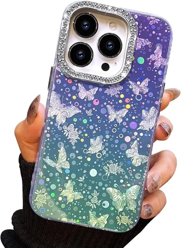 Vista 34 de I-MGAE-IN-AR Funda compacta para iPhone 11, diseño de mariposa, marco de protección de lente de cámara con diamante 3D, bonitas fundas protectoras