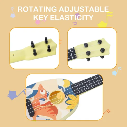 Vista 6 de YOLOPLUS+ Ukelele de juguete para niños, juguete musical de guitarra para niños, 4 cuerdas de acero de 17 pulgadas, con púa, juego educativo