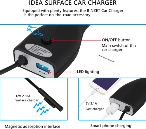 Vista 2 de Cargador de coche Surface de 42 W, 12 V, 2.58 A, fuente de alimentación para Microsoft Surface Pro 3/Pro 4/Pro 5/Pro 6, Surface Book, Surface Go