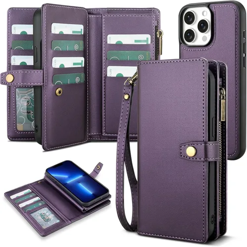 Vista 20 de TwoHead Funda tipo cartera para iPhone 12 Pro Max con tarjetero, funda magnética desmontable para teléfono 12 Pro Max, piel sintética, a prueba