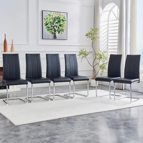Vista 15 de Juego de 2 sillas de comedor, sillas de comedor tapizadas con respaldo alto negro con patas de metal cromado, sillas laterales de cocina modernas