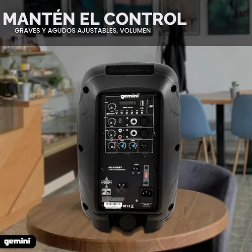 Vista 4 de Gemini Altavoz PA Bluetooth de 8" 500W con enlace TWS, USB/SD/FM, entradas XLR/RCA/AUX, canales de micrófono y guitarra, altavoz DJ compacto