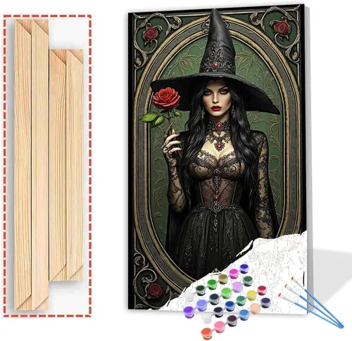 Vista 14 de Tucocoo Pintura de bruja por números para adultos y niños, rosas rojas, pintura en lienzo por números, pintura acrílica, manualidades, decoración