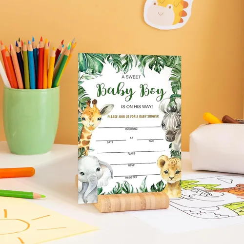 Vista 5 de Invitaciones de baby shower para niño, tarjetas de relleno de animales de la selva con sobres, de madera, juego de 25. green2