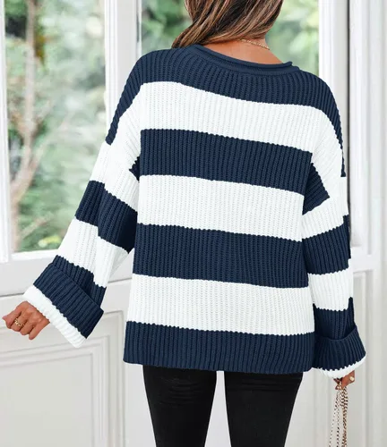 Vista 11 de ZESICA Suéter tejido sin botones de manga larga y cuello redondo, a rayas, bloques de color, cómodo, holgado, talla extragrande para mujer de 2024