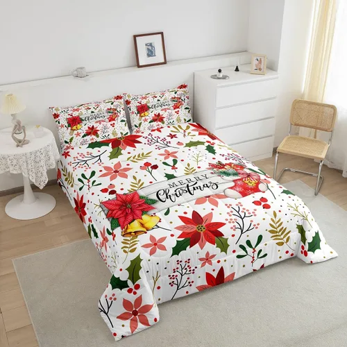 Vista 4 de Juego de edredón de Feliz Navidad, tamaño individual, juego de ropa de cama de flores rojas de Navidad, bayas y hojas, para niños y hombres, juego