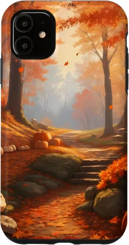 Vista 8 de iPhone 13 Pro Max Idílica escena del bosque de otoño, hojas de otoño, funda de calabazas