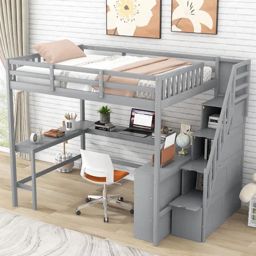 Vista 34 de Cama loft de madera tamaño matrimonial con escritorio en forma de U y espejo de tres pliegues, base de cama tipo loft multifunción con Espresso-10.16