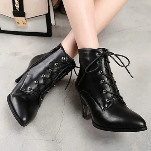 Vista 7 de Botines de tacón de aguja para mujer, con puntera puntiaguda, con cordones, con cremallera, botas cortas