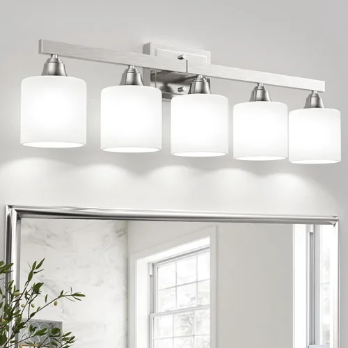 Vista 13 de VOLISUN Accesorios de iluminación de baño de níquel cepillado, 4 luces de cambiador de baño sobre espejo, lámpara de tocador moderna para baños