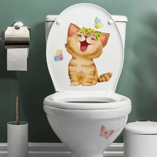 Vista 2 de Generic Calcomanías para tapa de inodoro con diseño de gato que ríe, diseño de gato blanco con dibujos animados, material de PVC impermeable