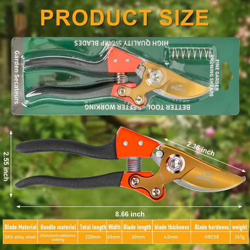 Vista 8 de Tijeras de Podar Resistentes, Tijeras de Jardín y Podadoras con Hojas de Acero SK5 Red-BIDMLI de 8.66" y Mangos de Aleación de Aluminio, Cortador