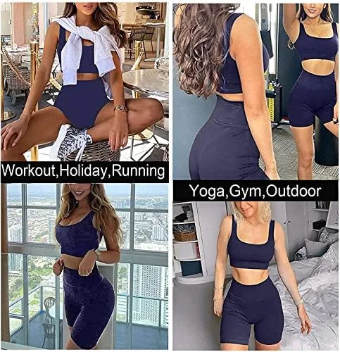 Vista 4 de TWFRHC - Conjuntos de entrenamiento para mujer con tirantes acanalados, 2 piezas, sin costuras, cintura alta, para gimnasio, pantalones cortos