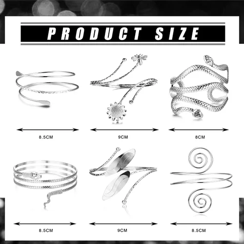 Vista 2 de Sanfenly 6 piezas de brazalete de brazo superior de serpiente, brazalete abierto ajustable para mujer