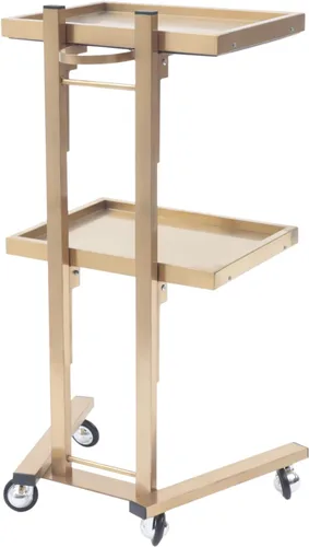 Vista 3 de Xuthusman Bandeja plegable de 2 niveles, carrito de 4 ruedas, estante de almacenamiento con bandeja de servicio de acero inoxidable (dorado)
