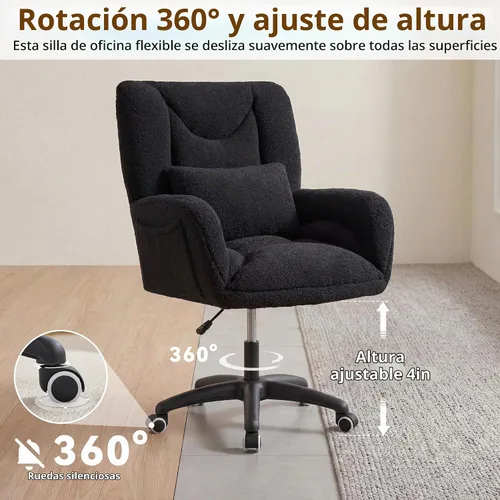 Vista 4 de FOXHUNTER Silla de tocador de gran tamaño con ruedas, silla de oficina Negro