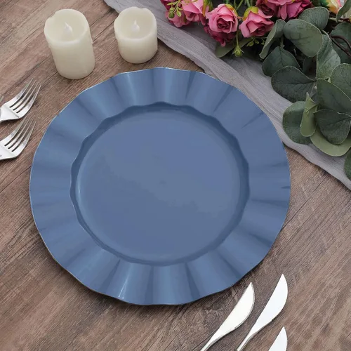 Vista 155 de Tableclothsfactory Paquete de 10 platos redondos de plástico negro de 6 pulgadas para ensalada de postre, platos desechables con borde ondulado