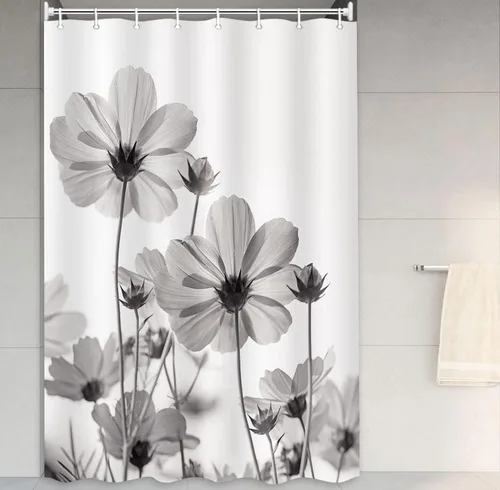 Vista 43 de MERCHR Cortina única floral azul para decoración de baño, cortina de ducha estilo granja con flores de margarita azul y gris elegantes y diseño