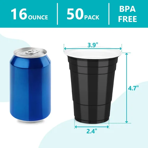 Vista 2 de LANLISA 50 vasos de plástico negros, vasos desechables de 16 onzas, tazas para beber para suministros de fiesta