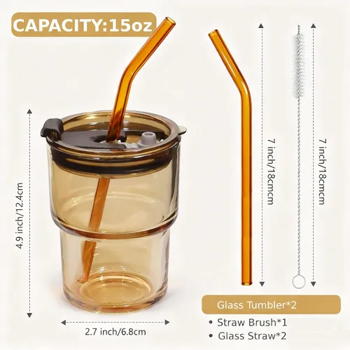 Vista 3 de Tumbler de Vidrio para Agua de 15 oz Juego de 2 Vasos de Café Helado Color Ámbar, Tumbler de Vidrio Matcha con Pajita y Tapa Tumbler Reutilizable