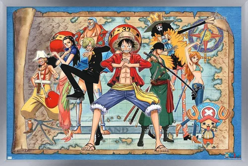 Vista 11 de One Piece - Póster de pared con mapa grupal, 22.4 pulgadas de largo x 14.7 pulgadas de ancho, versión enmarcada de madera de granero