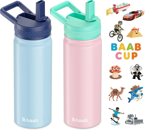 Vista 17 de baab Botella de agua para niños de 18 onzas, botella de agua aislada con popote y calcomanías, taza con popote de agua para niños de acero