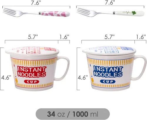 Vista 4 de Tazones de ramen con tapa y asa, lindos tazones de fideos instantáneos para ramen, juegos de cuencos grandes de cerámica con tenedor, regalo para 2