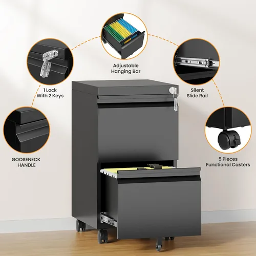 Vista 7 de Gabinete archivador de 2 cajones, gabinetes archivadores móviles totalmente montados con cerradura, gabinete archivador de metal rodante con ruedas