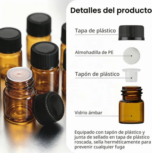 Vista 4 de 100 mini botellas de vidrio ámbar de 0.0 fl oz (1/4 de dram) de 1 cc, frasco de ámbar pequeño, botella de muestra líquida de perfume de aceite