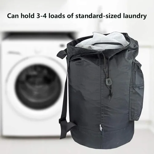 Vista 4 de Mochila lavable con bolsillo con cremallera, bolsa de ropa resistente, 2 correas de hombro ajustables fuertes con cierre de cordón para viajes
