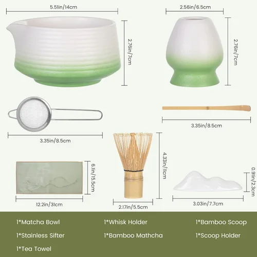 Vista 2 de Juego de 7 batidores de matcha, kit completo de ceremonia de té japonés con cuenco de cerámica (Chawan) y batidor de bambú, juego tradicional