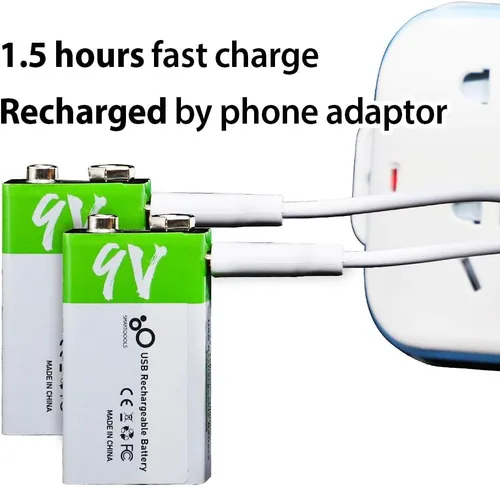 Vista 6 de Batería recargable USB de iones de litio de 9 V, batería recargable de 9 V de alta capacidad de 650 mAh, carga rápida de 1.5 H, 1200 ciclos