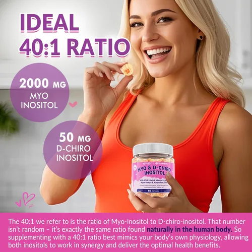 Vista 4 de Suplemento de mio-inositol y D-Chiro inositol para mujeres, proporción 40:1 de inositol con Omega 3, MTHF Folato, vitamina D3, B12, magnesio y zinc