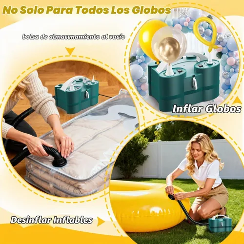 Vista 6 de Bomba de globos, bombas de globo eléctricas 3 en 1, soplador de globos con puertos de inflado triples para inflar globos de látex de 260q