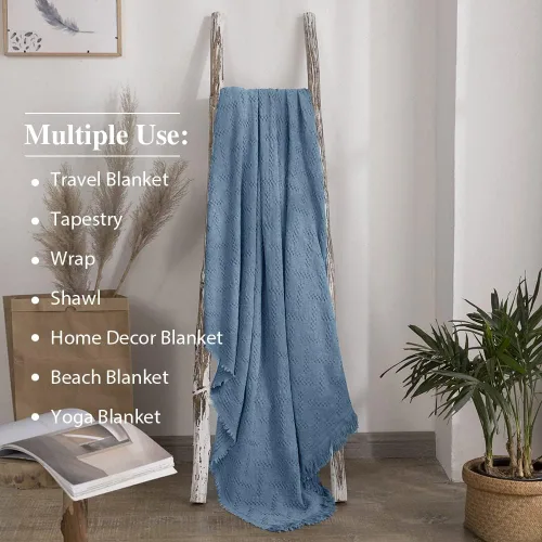 Vista 4 de Simple&Opulence Manta 100% algodón para cama, sofá, manta tejida geométrica de lujo bohemia con borlas, suave, ligera, acogedora, transpirable