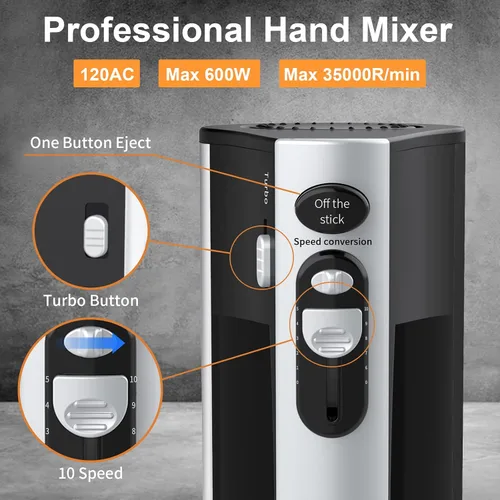Vista 2 de Mezclador de mano eléctrico de 600 W, 10 velocidades, potente con mezclador de mano Turbo para hornear torta cocina mezclador con batidores, batir