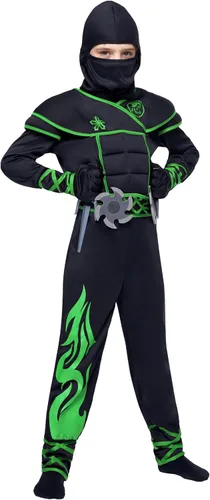 Vista 8 de Spooktacular Creations Disfraz de ninja para niños, conjunto de lujo de Ninja muscular, disfraz unisex de Kungfu de Halloween con accesorios de Verde