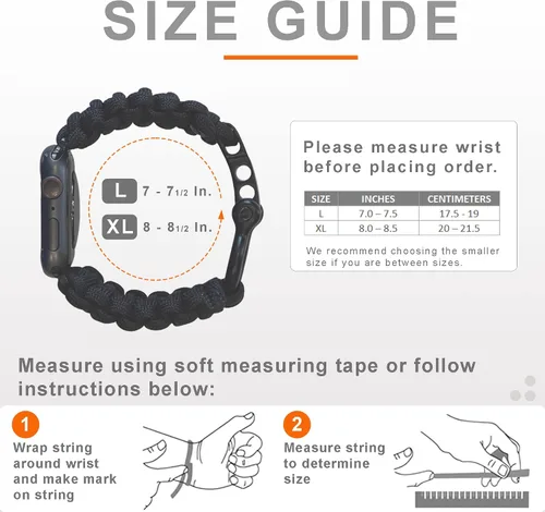 Vista 4 de Savior Survival Gear - Correa de repuesto para Apple Watch de 1.65”/42 mm, hecha de 550 cuerda de paracaídas con grillete ajustable de acero Negro