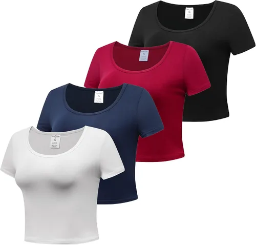 Vista 2 de Formeet17 4 piezas de camisetas cortas básicas con cuello redondo y manga casquillo para mujer