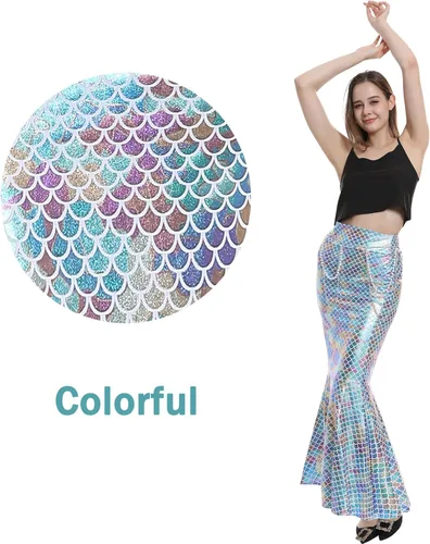 Vista 4 de ReneeCho Disfraz de sirena para mujeres adultas, traje de falda larga elástica brillante para Halloween, juego de rol, incluye cadena de perlas