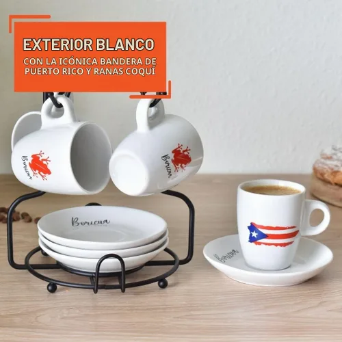 Vista 4 de IMUSA Juego de 8 tazas de espresso Boricua de 3 onzas con platillos y estante