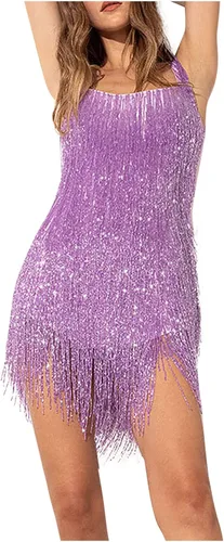 Vista 2 de TWGONE Vestido de lentejuelas para mujer, vestido de fiesta con flecos, tirantes delgados, entallado, sexy, para club, noche, fiesta, baile