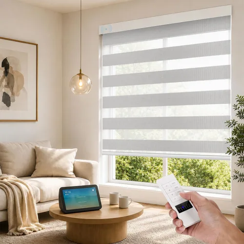 Vista 25 de ACMEART Persianas motorizadas de cebra con control remoto, persianas automáticas de doble capa, persianas eléctricas opacas para oficina del hogar