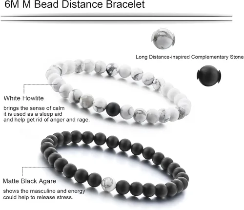 Vista 6 de Pulseras de amistad para parejas, de larga distancia, ágata mate negra y howlita blanca, cuentas de energía natural, brazalete para sus hombres