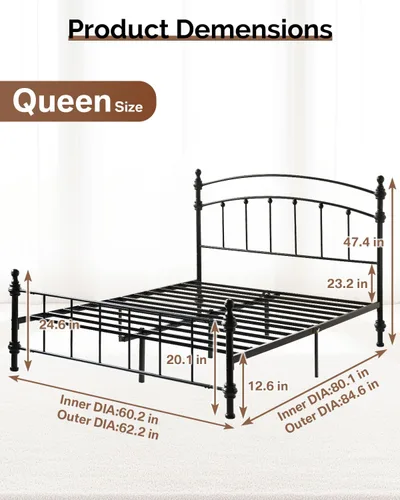 Vista 2 de Marco de cama de plataforma Queen con cabecero y estribo, marco de cama vintage 12.6 Inch Black Metal Bed Frame, One-Piece Side Rails, Underbed