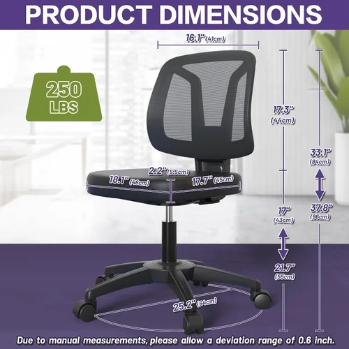 Vista 2 de Silla de escritorio giratoria sin brazos para computadora con soporte de madera ajustable en altura y ruedas giratorias para espacios pequeños
