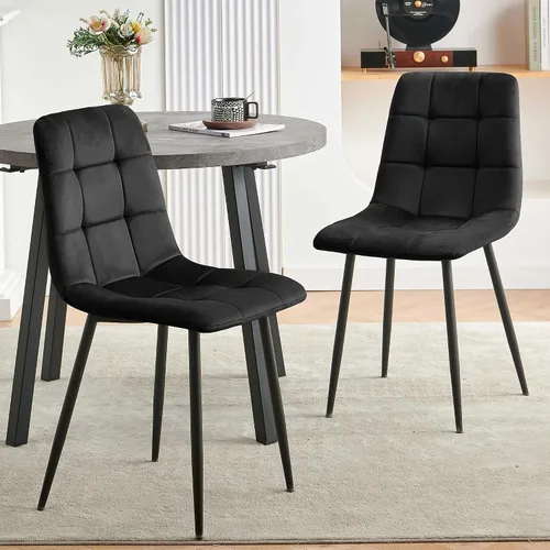 Vista 5 de NORDICANA Juego de 2 sillas de comedor, sillas de cocina tapizadas, sillas laterales de terciopelo negro con cómodos cojines y patas de metal